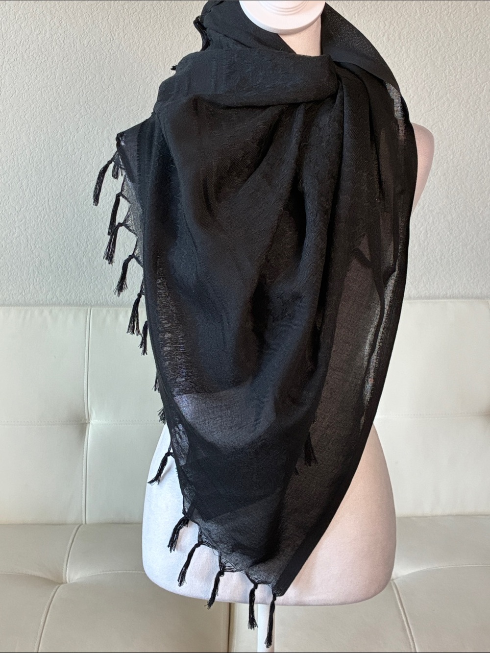 Elegant Black Tassel Wrap Scarf - Lightweight Women’s Accessory